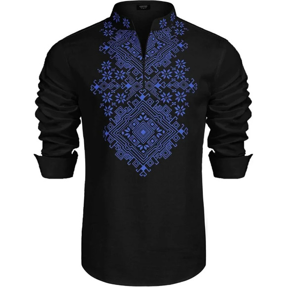 ❤️Men's Black Shirt Long Sleeve Floral Print Casual Cotton Beach Hippie T Shirt - Picture 8 of 9